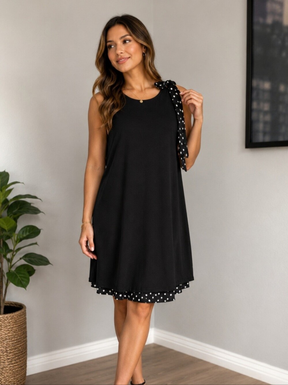 Chelsea Rose Classic Black Sleeveless Dress with Polka Dot Tie Size 6